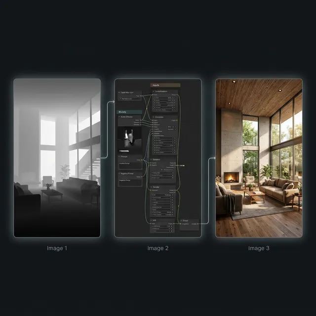 Workflow ControlNet trên cloud: depth map → AI render