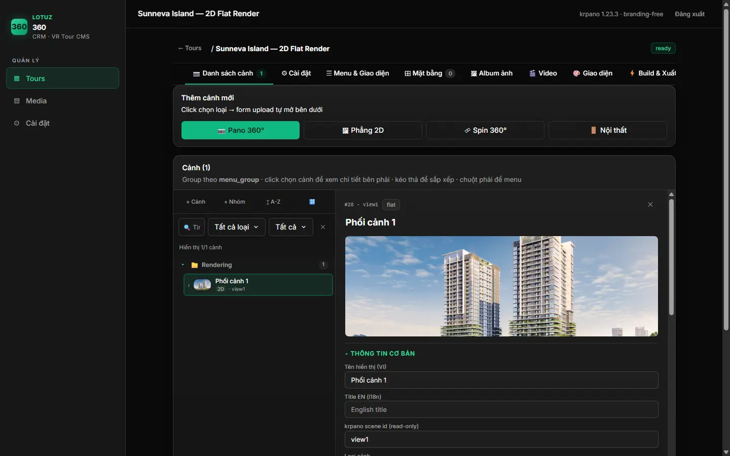 Lotuz Studio làm chủ công nghệ VR360 — Tự phát triển hệ thống CRM360 quản trị virtual tour bất động sản - Lotuz Studio Trình biên tập cảnh 360 trong CRM360 Lotuz - dự án Sunneva Island