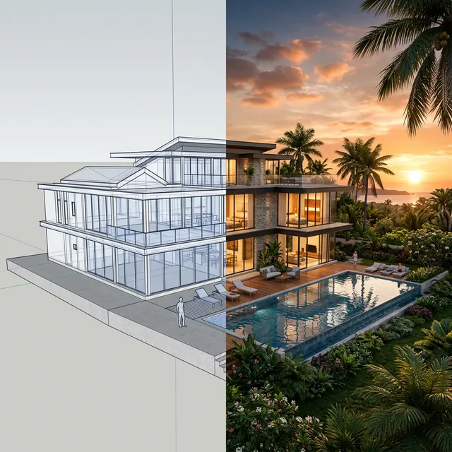 So sánh workflow: từ model SketchUp đến phối cảnh AI trên cloud