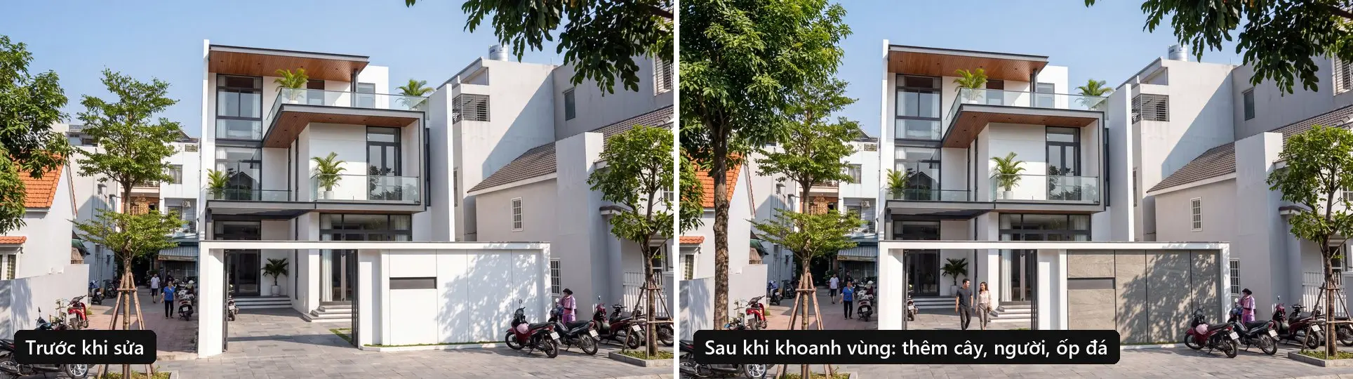 Sửa vùng ảnh render AI kiến trúc: ghép cây, ghép người, thay vật liệu
